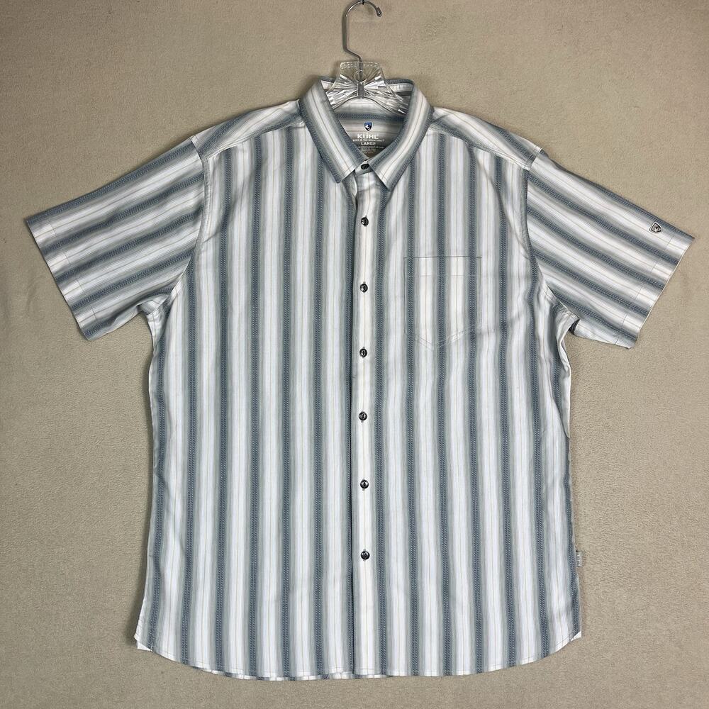 Kuhl Men's Short Sleeve Button-Down Shirt in White and Gray Stripes